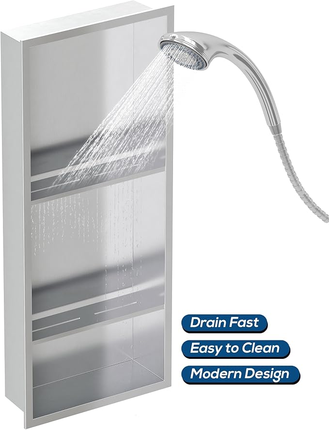 Stainless Steel Shower Niche 12" X 29", No Tile Needed Wall Niche Three-Tier, Recessed Shower Shelf for Bathroom Storage, Brushed Nickel