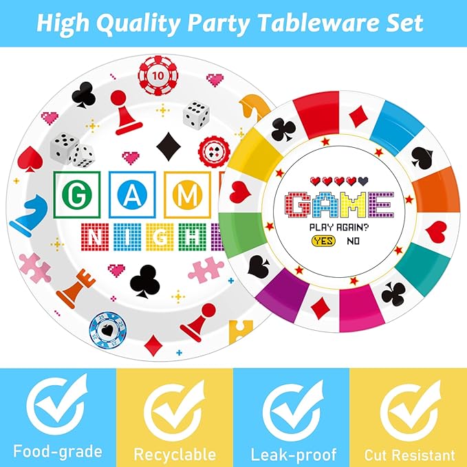 Wiooffen 96 Pcs Family Game Night Party Supplies Gaming Party Decoration For Birthday Party Video Game Party Tableware Set Kids Game Night Party Paper Plate Napkin Fork 24 Guests