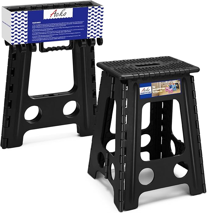 ACKO Folding Step Stool Foldable 17.5 Inch Stools for Adults and Kids,Plastic Stools Tall 400 lbs Capacity, Collapsible Stool for Kitchen, Stepping Foot Stool with Handle, Dot Black,1 PC
