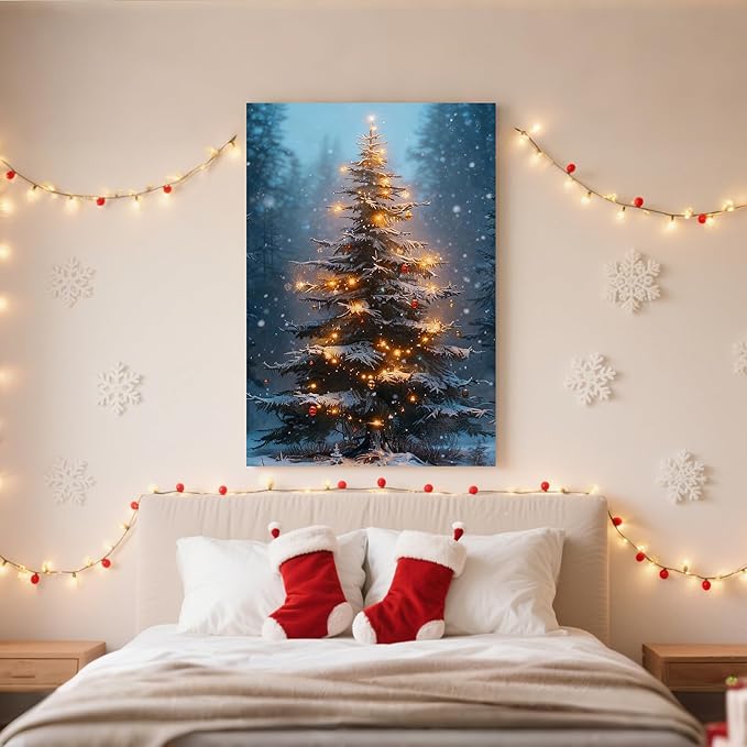 Framed Christmas Pictures Wall Decor,Vintage Pine Tree Prints,Winter Christmas Canvas Wall Art Decoration for Bedroom Bathroom Living Room Rustic Xmas Holiday Gifts (Christmas Tree 3, 11'' X 14'')