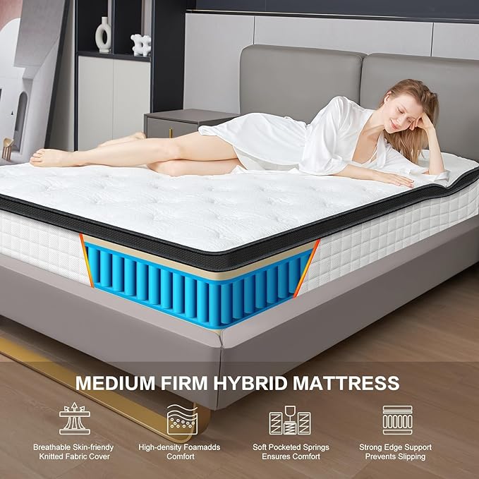 12 Inch White Full Spring Mattress,Medium Firm with Gel Memory Foam,Individually Pocketed Coil,Fiberglass-Free Fire Retardant CertiPUR-US Certified,75"*54"*12"