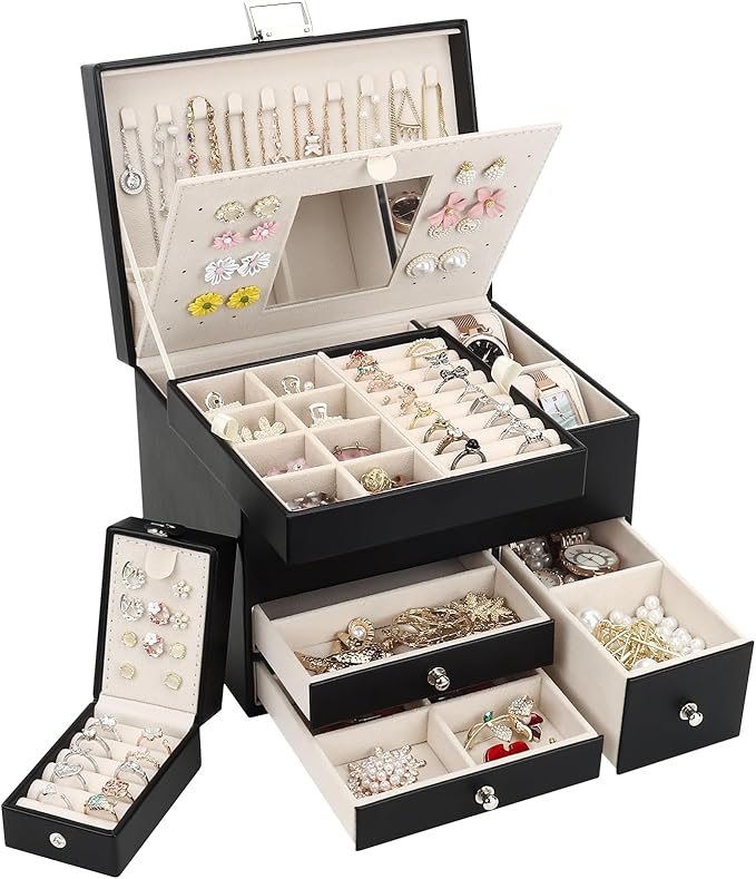 DesignSter Jewelry Organizer Box, Large Capacity 3 Layers, Travel Jewelry Case, Mirror, for Necklaces Earrings Rings Bracelets Watches (Black)