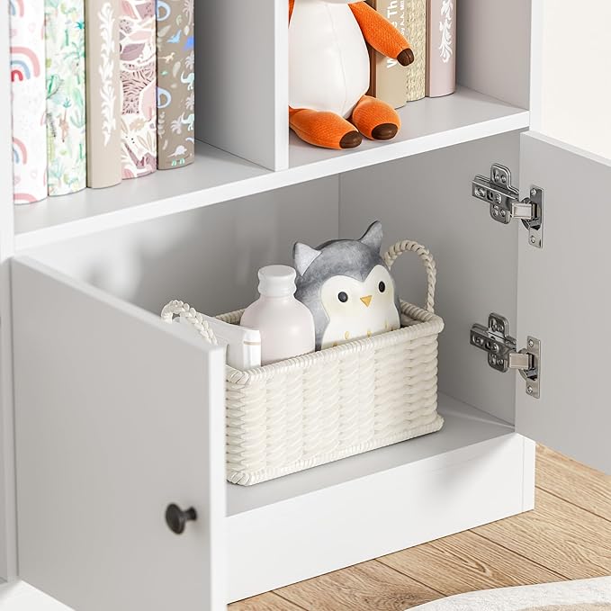 White Kids Bookshelf, Kids Bookcase with 7 Cubbies and 2 Cabinets, Freestanding Book Storage Shelves for Bedroom, Playroom, Hallway