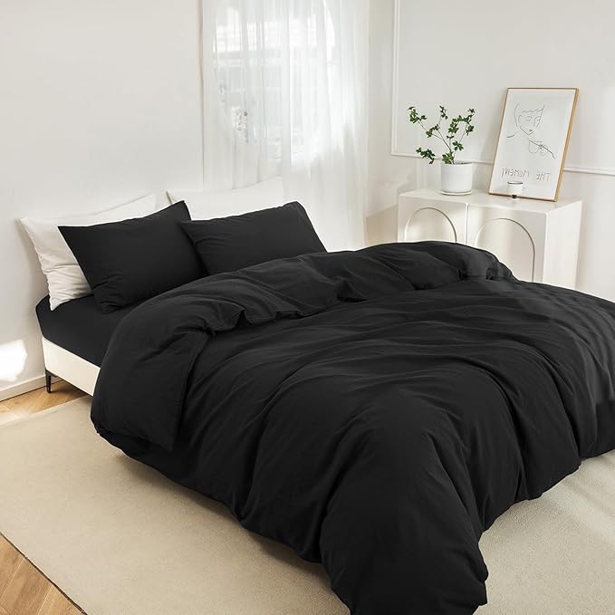 JIYUAN 100% Washed Cotton Duvet Cover Set 3 Pieces Oversized Queen, 1 Duvet Cover 98x98 Inches(Comforter Not Included) and 2 Pillowcases,Linen Feel Bedding Set Comfy and Breathable,Black