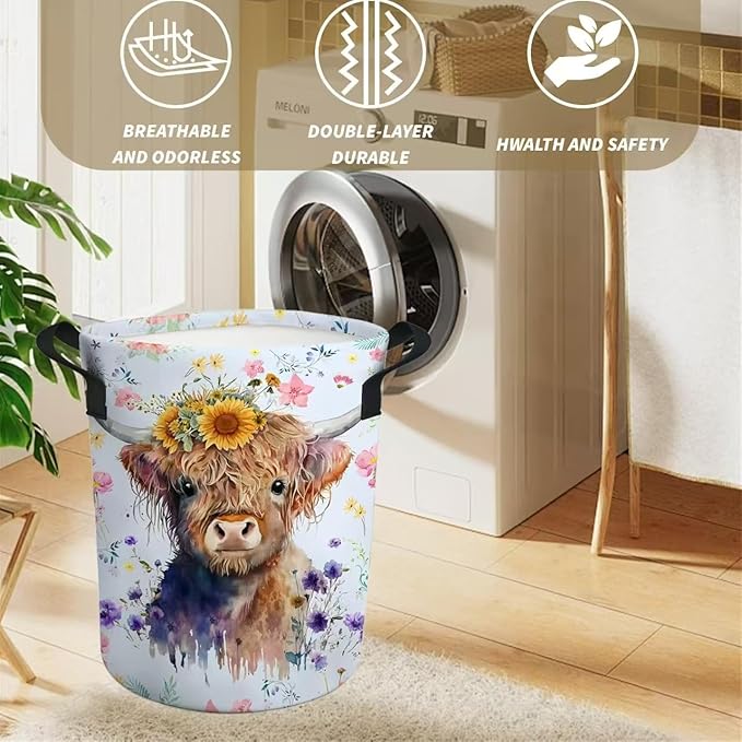 Highland Cow Laundry Basket Nursery Baby Hamper Western Room Decor Funny Tote Bag for Teen Boy Girl Gift 17.7"x13.7"