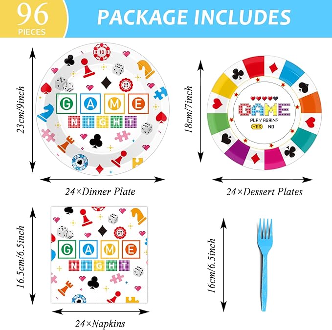 Wiooffen 96 Pcs Family Game Night Party Supplies Gaming Party Decoration For Birthday Party Video Game Party Tableware Set Kids Game Night Party Paper Plate Napkin Fork 24 Guests