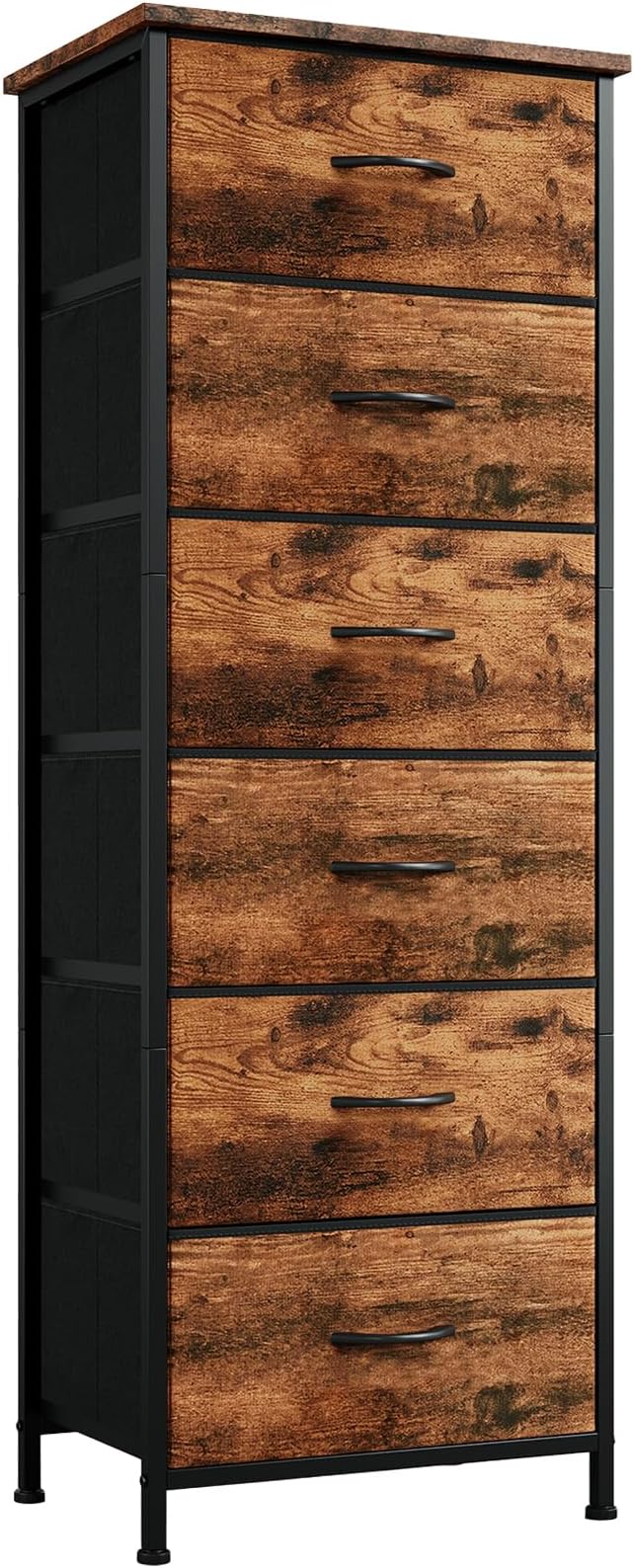 Somdot Tall Dresser for Bedroom with 6 Drawers and Side Pockets, Storage Organizer Chest of Drawers with Fabric Bins for Closet Bedside Nursery Living Room Entryway Hallway, Wood Grain Print