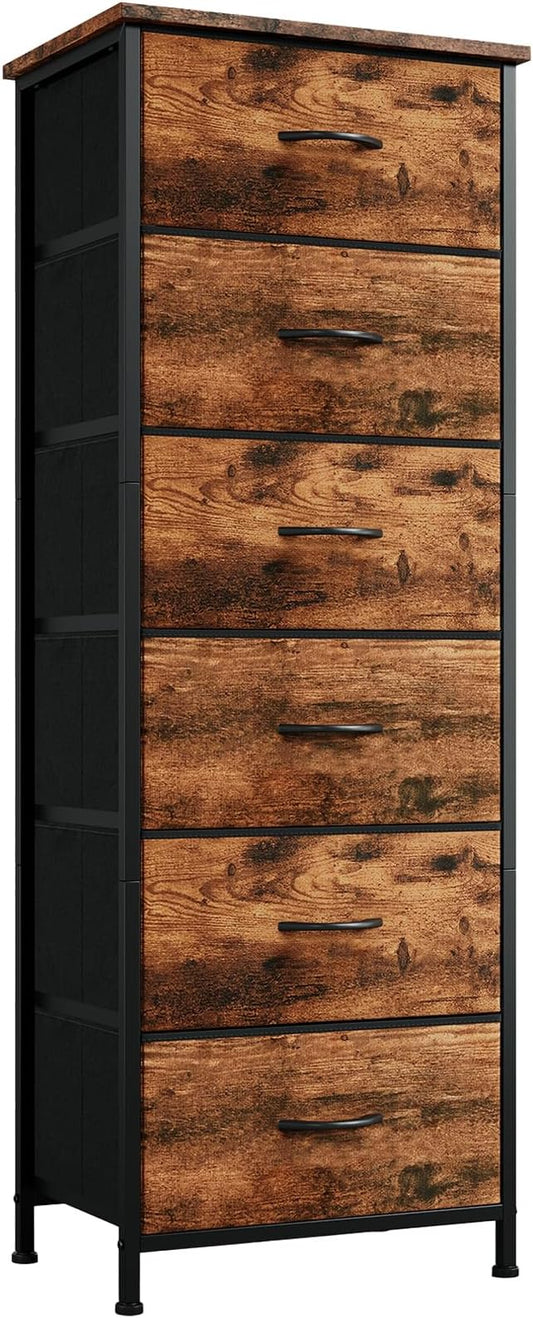 Somdot Tall Dresser for Bedroom with 6 Drawers and Side Pockets, Storage Organizer Chest of Drawers with Fabric Bins for Closet Bedside Nursery Living Room Entryway Hallway, Wood Grain Print