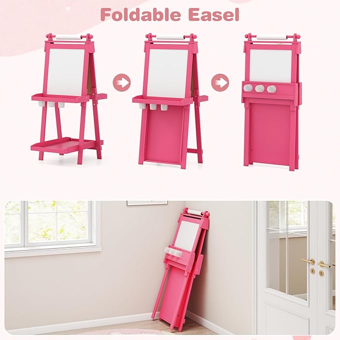 OLAKIDS Easel for Kids, 3 in 1 Adjustable Painting Art Board, Foldable Double-Sided Wooden Drawing Chalkboard Magnetic Whiteboard with Paper Roll, Storage Rack, Cups for Boy Girls (Pink)