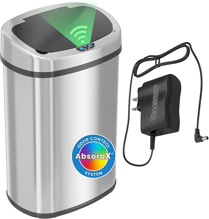 iTouchless 13-Gallon Touchless Kitchen Trash Can – Stainless Steel with Odor Control, Fingerprint-Proof Finish, Motion Sensor Lid & AC Adapter
