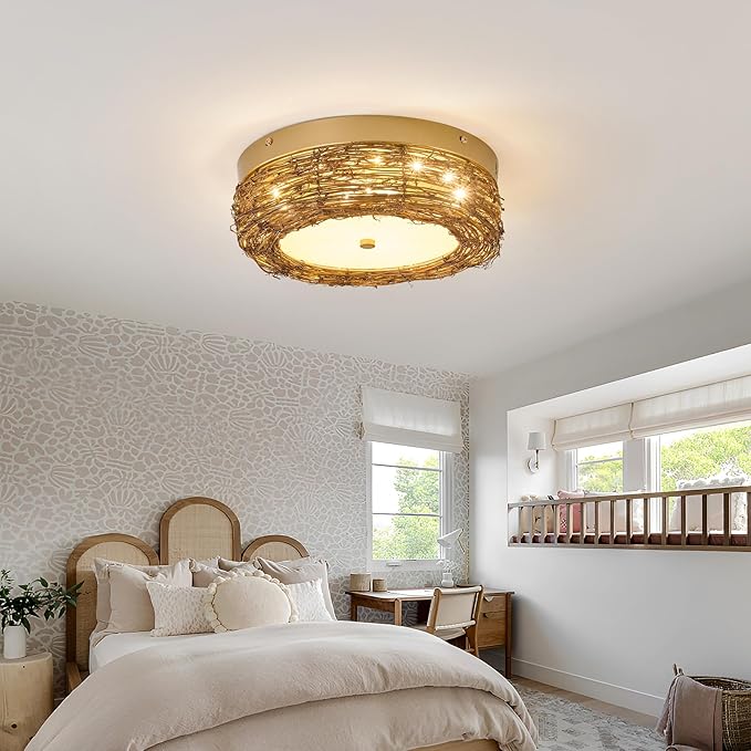 11 inch Rattan Light Fixture Boho Flush Mount Ceiling Light Hand Woven LED Ceiling Lamp for Hallway Bedroom Kitchen Entryway Living Room Nursery