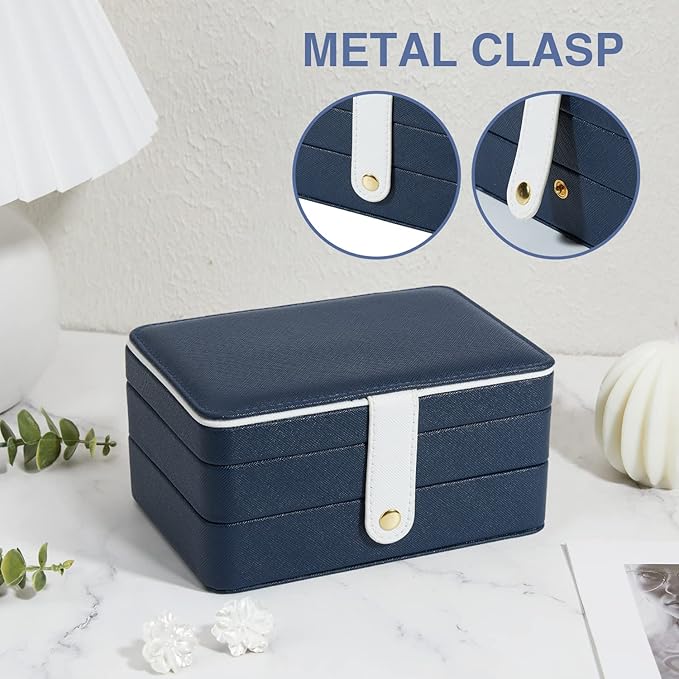 PU Leather Travel Jewelry Organizer Case for Women & Girls, 2-Layer Portable Jewelry Box for Earrings, Rings, Necklaces, Bracelets, Compact Jewelry Storage (Blue, Small)
