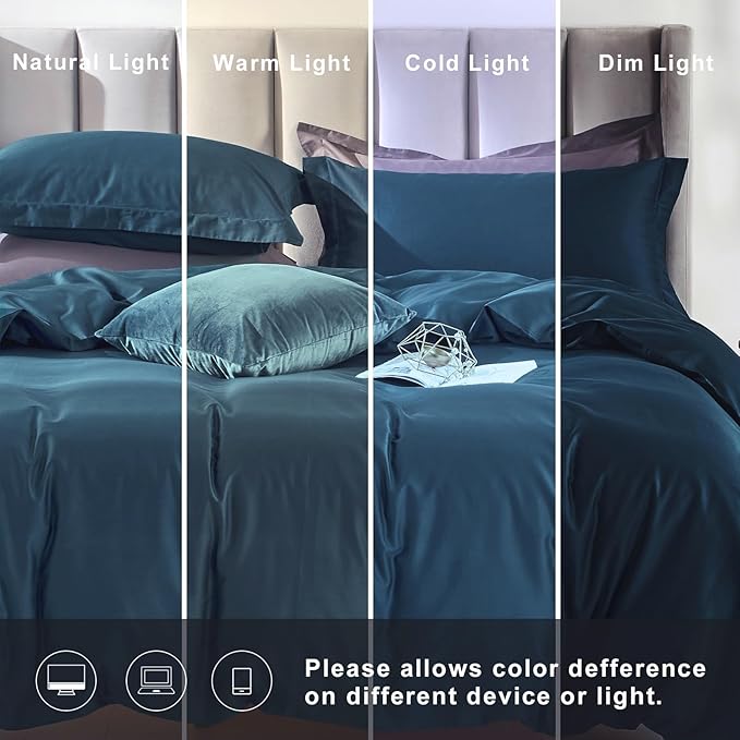 MILDLY 100% Long-Staple Cotton Duvet Cover Peacock Blue Morden Sateen Weave Luxury Comforter Cover Set King Size with Zipper Closure & Corner Tie (No Comforter)