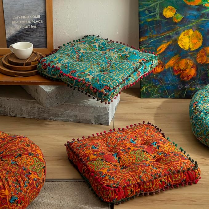 vctops Boho Cotton Linen Square Chair Seat Cushions for Dining Kitchen Office Chairs Super Soft Printed Chair Pads with Pompom Fringe (Orange,16"x16")