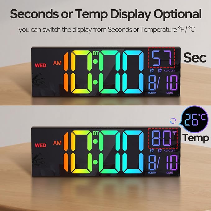 JALL 16.2" Large Digital Wall Clock with Seconds, Bluetooth Sync, Alarm Big LED, RGB Color, DST Temperature for Classroom Bedroom Garage Gym, Mount, Xmas, Birthday Gift for Aged Elderly Mother Father