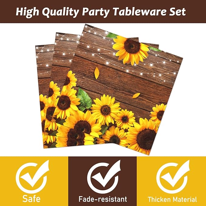 96 Pcs Sunflower Party Plates Napkins Tableware Set Sunflower Wood Grain Themed Supplies Disposable Dinnerware Sunflower Decoration Favors for Kids, 24 Guests