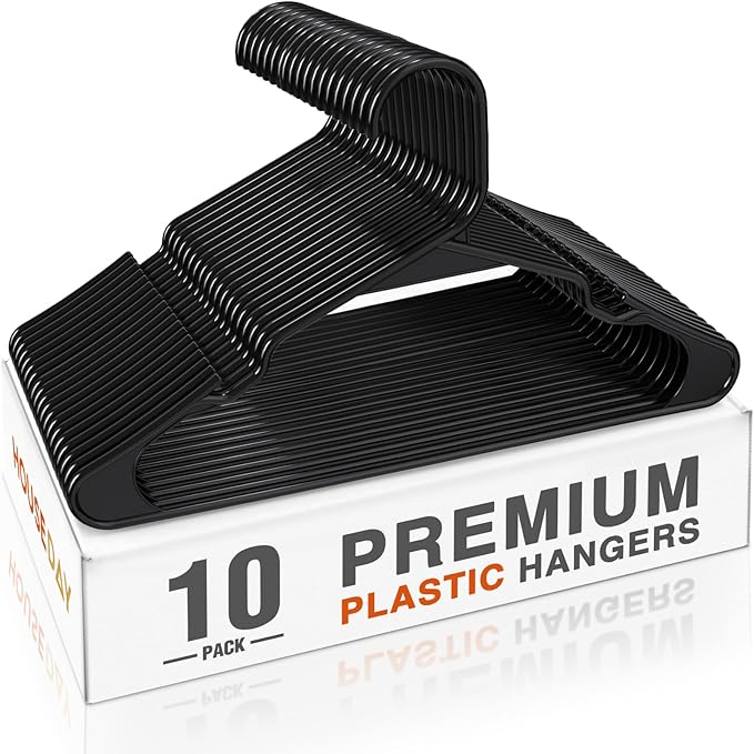 HOUSE DAY Premium Plastic Hangers 10 Pack, Clothes Hanger Space Saving, Heavy Duty Coat Hanger - Durable and Strong Closet Organizers and Storage Makes It Ideal Dorm Room Essentials (Black)