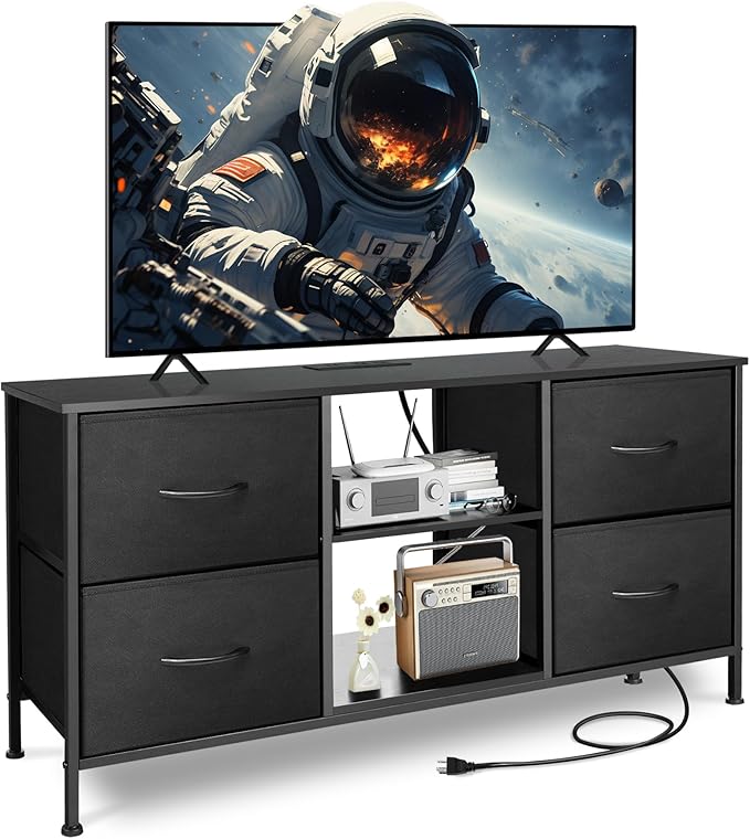 TV Stand for Bedroom, Television Stand for TV up to 46 Inch Entertainment Center Dresser with 4 Drawers Open Storage Shelves for Living Room, Entryway (Black and Charcoal Black)