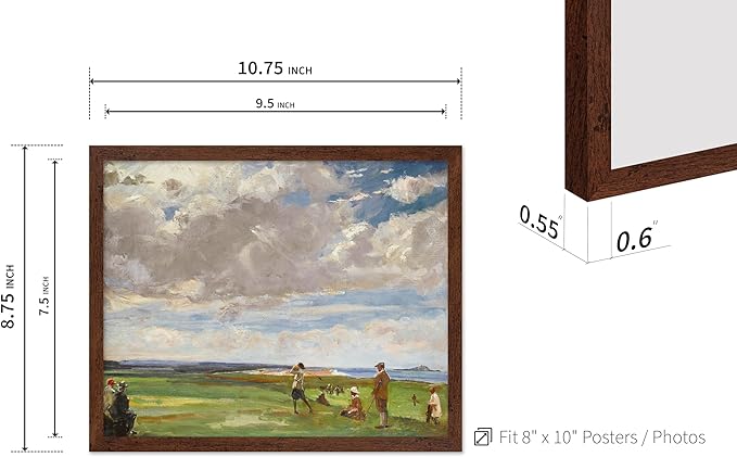 Poster Master Vintage Lady Astor Playing Golf at North Berwick Painting - Retro Golf Course Print - Sports Art - Landscape Art - Office or Living Room Decor, 8x10 Brown Framed