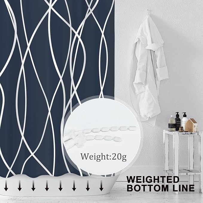 Punkray Aegean Blue Shower Curtain for Bathroom with Hooks, Shower Curtain Set, White Stripe Bath Curtains Decorative Shower Curtains Water Repellent Washable, 72 x 72