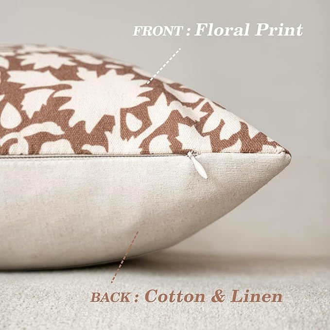 Foindtower Set of 2 Decorative Neutral Floral Throw Pillow Covers Accent Farmhouse Cushion Covers Boho Pillowcase for Couch Sofa Bedroom Living Room Home Decor Outdoor,18×18 Inch,Light Orange Brown