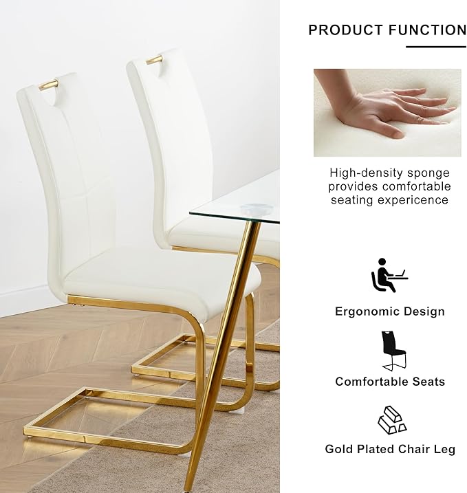 Goujxcy 5 Pieces Round Dining Table Set for 4, Modern Gold Glass Kitchen Table and Chairs for 4 with Upholstered Chairs, Circle Coffee Dining Table Set for Small Space,Apartment,Office