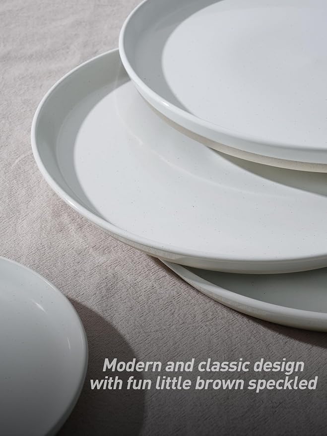 Famiware Saturn Speckled Dinnerware Sets for 8 (24 Pieces), Stoneware Plates and Bowls Dish Set - Chip and Scratch Resistant, Microwave and Dishwasher Safe, White