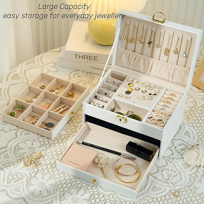 3 Layer Jewelry Box, Jewelry Holder Organizer with Jewelry Organizer Drawer, Large Jewelry Boxes & Organizer with Velvet Earring Organizer, Lockable Jewelry Holder, Unique Gifts for Women Mom (White)