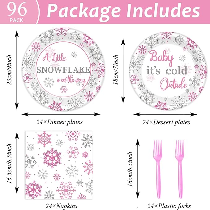 96 Pcs A Little Snowflake is on The Way Party Plates Napkins Tableware Set Winter It’s Cold Outside Supplies Disposable Dinnerware Girl Birthday Party Decoration Favors for Gender Reveal, 24 Guests
