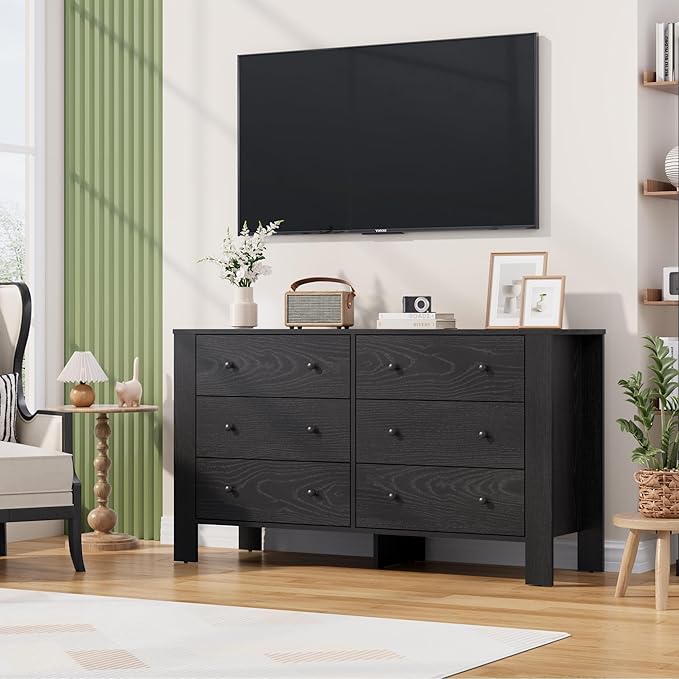 GarveeHome Black 6 Drawer Dresser for Bedroom, Modern Wide Dresser Organizer with Storage Drawers, Wooden Chests of Drawers for Bedroom, Entryway, Hallway, Home Office