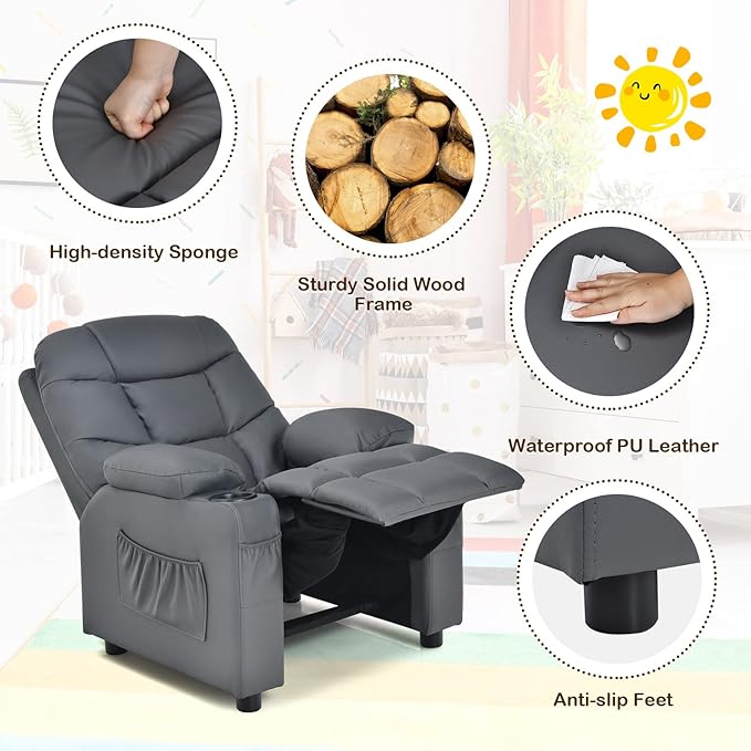 Kids Recliner, Kids Recliner Chair w/ 2 Cup Holders, PU Leather Kids Chairs Compy w/Adjustable Backrest & 3 Pockets, Toddler Furniture Sofa for Boys Girls Aged 3+ (Grey)