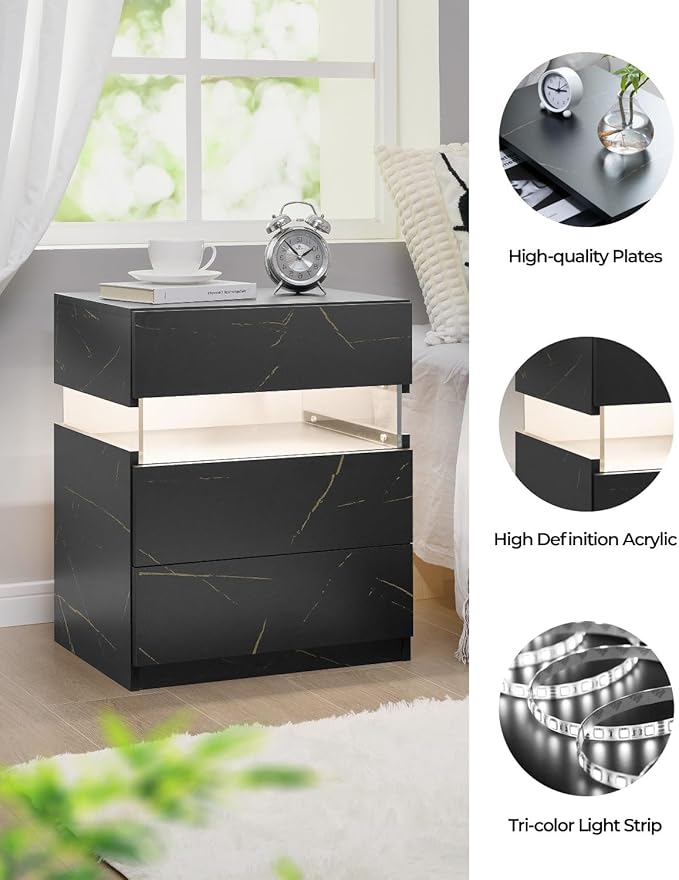 Bingoday LED Nightstands Set of 2 with 3 Drawers LED Bedside Tables Modern Night Stand with Acrylic Board Night Stand Set 2 for Bedroom