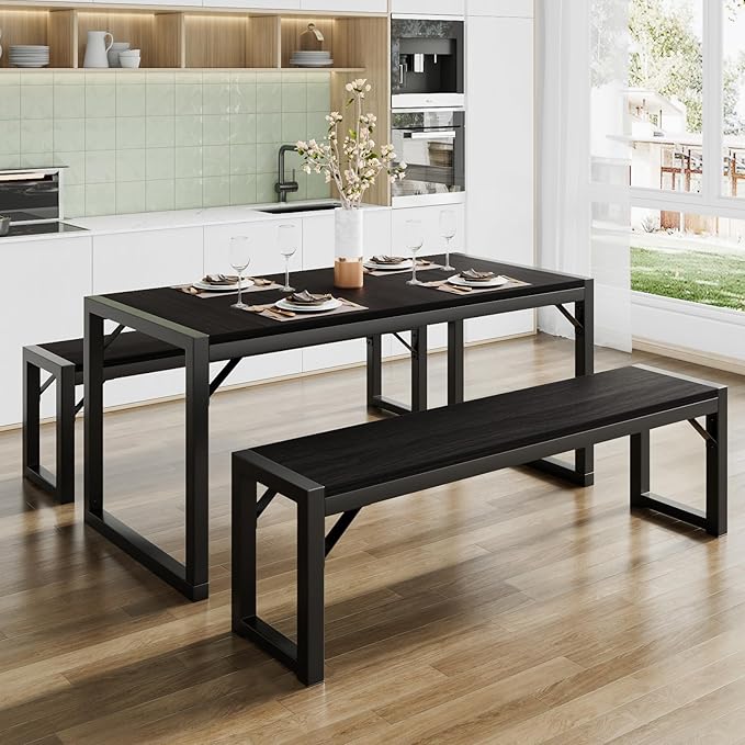 SHA CERLIN Kitchen Dining Table Set for 4 with Benches, Rustic Small Space Saving Dinette, Heavy Duty Metal Frame