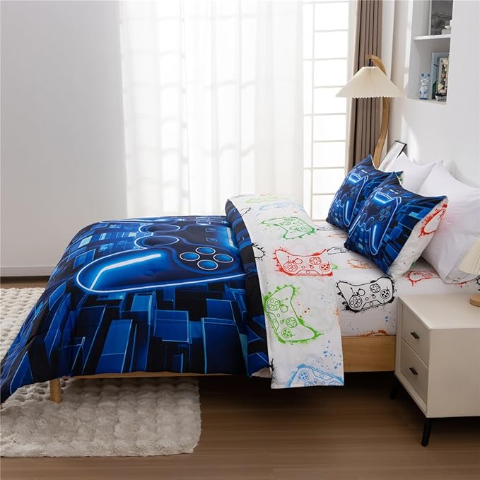 NTBED 5pcs Game Console Comforter Set for Boys Girls Kids 3D Gaming Block Bed in a Bag Lightweight Microfiber Gamer Bedding Sets (Blue, Twin)