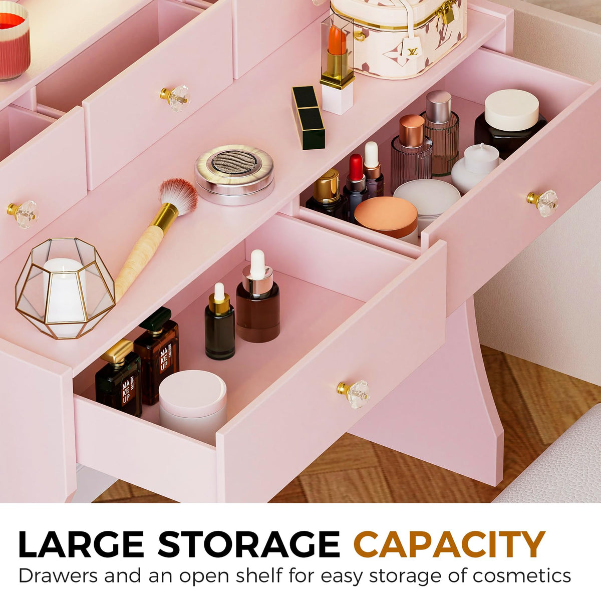 COMHOMA Vanity Desk with LED Lights Mirror & Power Outlet, Small Makeup Vanity Table Set with 5 Storage Drawers, 3 Lighting Modes & Adjustable Brightness, Dressing Table for Women Girls Bedroom, Pink