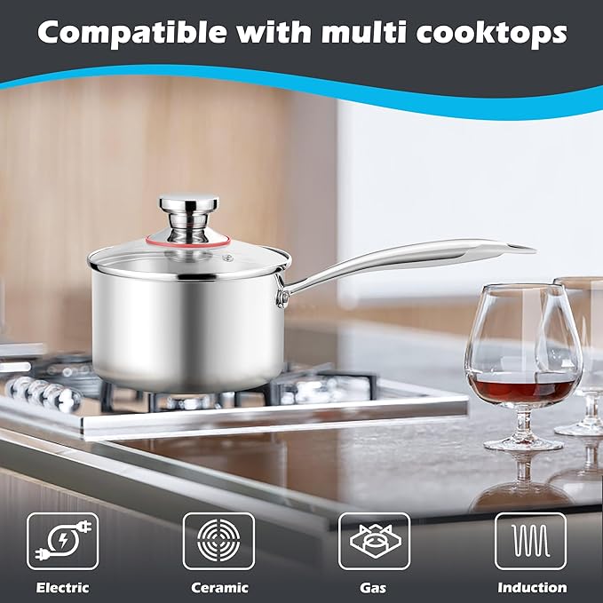 E-far 2-Quart Saucepan, Tri-Ply Stainless Steel Sauce Pan with Glass Lid, Small Cooking Induction Pot Compatible with All Cooktops, Non Toxic, Oven & Dishwasher Safe