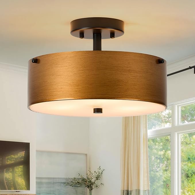 Gold Semi Flush Mount Ceiling Light, Modern Drum Chandelier with Brass Gold Metal Shade, Vintage Close to Ceiling Light for Kitchen Entryway Bedroom Laundry Room, 3-Light, 12 Inch