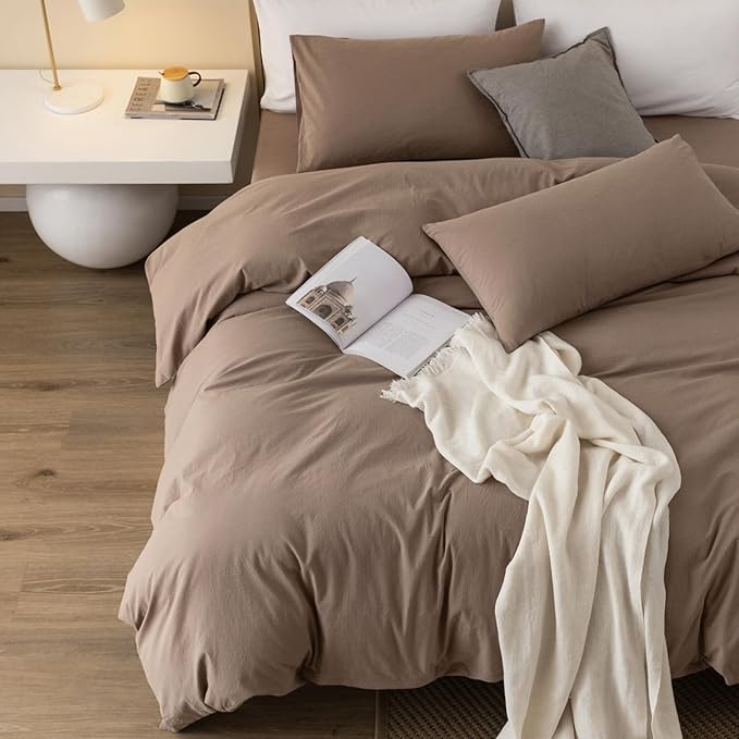 JIYUAN 100% Washed Cotton Duvet Cover Set 3 Pieces Oversized Queen, 1 Duvet Cover 98x98 Inches(Comforter Not Included) and 2 Pillowcases,Linen Feel Bedding Set Comfy and Breathable,Light Brown