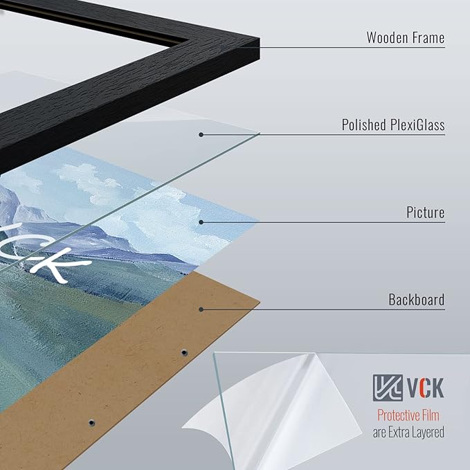 VCK 11x17 Poster Frame Set of 4, Black Solid Wood Picture Frames with Exclusive Woodgrain, Wall Gallery Frame