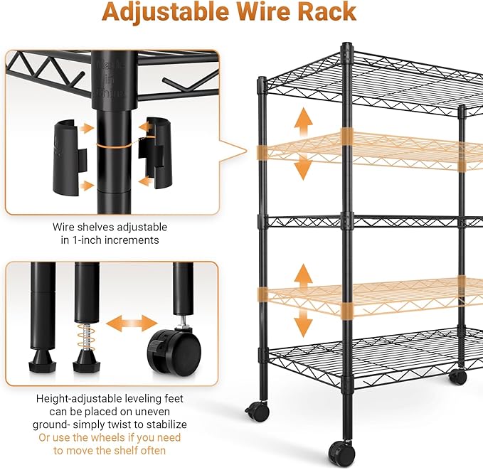 HealSmart 3-Tier Heavy Duty Storage Shelves 750Lb Capacity, 24.02" D x 13.78" W x 31.98" H Shelving Unit for Pantry, Garage, Laundry and Kitchen, Black