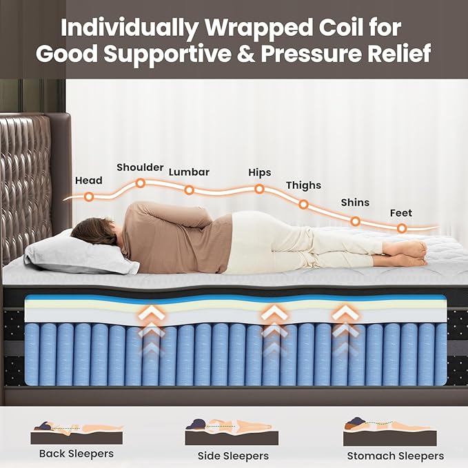 Full Size Mattress 12 Inch, Cooling Gel Hybrid Mattress for Side Sleep and Pain Relief with Extra Lumbar & Shoulder Support, Bed in a Box Fiberglass Free -365 Night Trial CertiPUR-US Certified