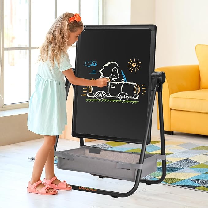 Easel for Kids, Adjustable Standing Toddler Easel Magnetic Whiteboard & Chalkboard with 27inch-44inch Height, Double Sided 360°Rotating Kids Art Easel for Toddlers for Boys and Girls 3+