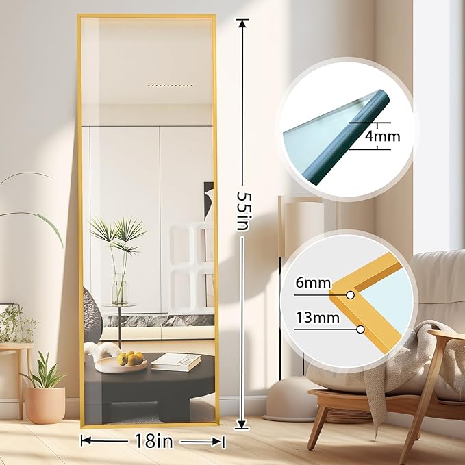 Tall Full Body Mirror, 55''x 18'' Full Length Mirror w Gold Aluminum Alloy Frame, Floor Not Fragile Tempered Mirror Leaning Against Wall for Living Room,Women Dressing Clothes Mirror