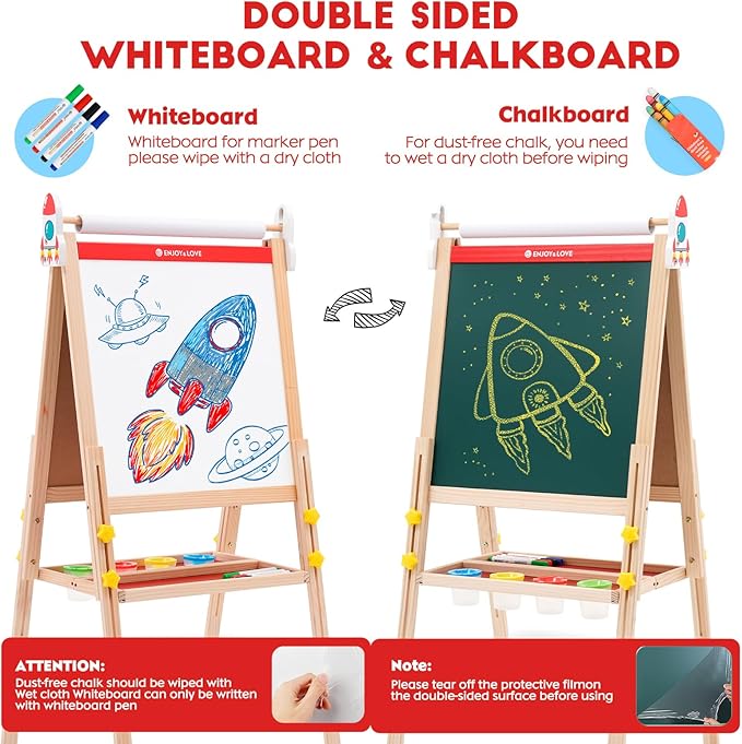 Wooden Art Easel for Kids Ages 2-12,Double-Sided Chalkboard & Whiteboard with Paper Roll,Folding Storage Tray,Gift for Boys & Girls