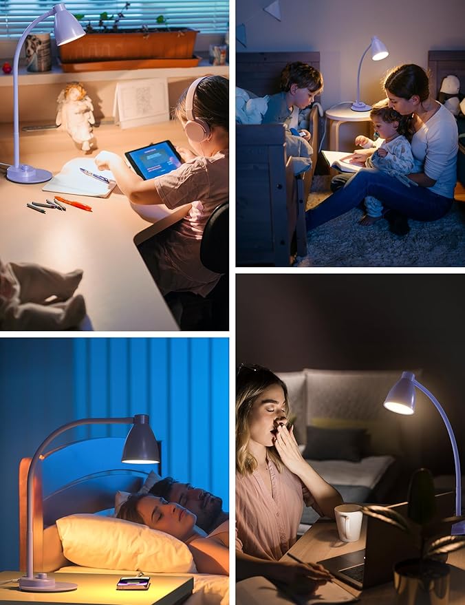 BOHON LED Desk Lamp with USB Charging Port, 3 Color Modes Fully Dimmable Reading Lamp, Auto Dimming Task Lamp, Flexible Gooseneck Table Light for Office Dorm Bedside, Adapter Include, Lilac Purple