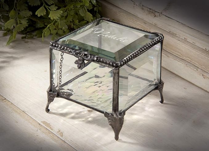 Personalized Clear Beveled Glass Box Decorative Vanity Display Case Storage Jewelry Organizer Keepsake Gift for Her Girl Women Vintage Decor J Devlin Ellen Box 326 EB245