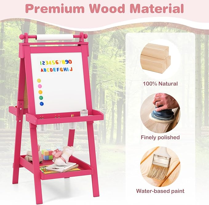 OLAKIDS Easel for Kids, 3 in 1 Adjustable Painting Art Board, Foldable Double-Sided Wooden Drawing Chalkboard Magnetic Whiteboard with Paper Roll, Storage Rack, Cups for Boy Girls (Pink)