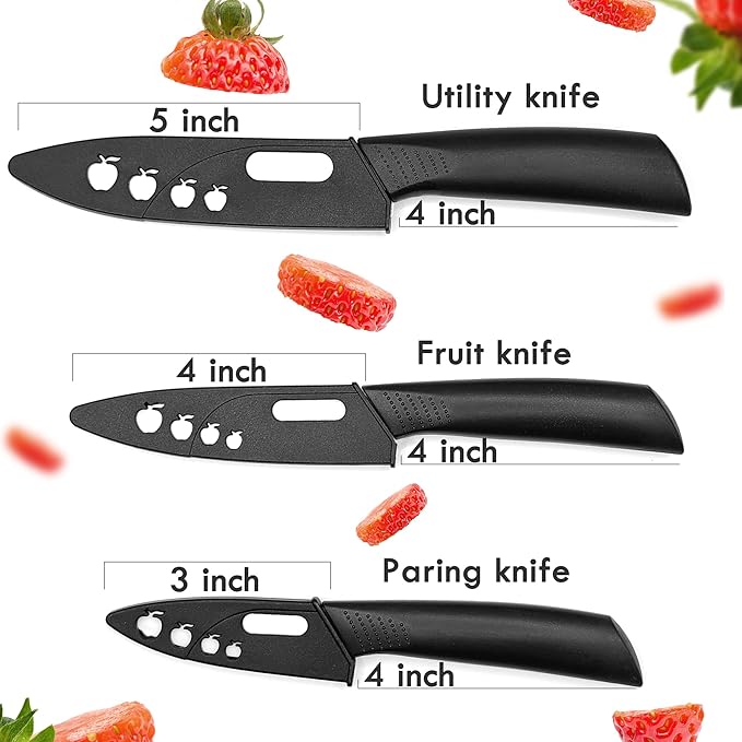 Ceramic Knife Set with Sheaths - Super Sharp Rust Proof Stain Resistant Ceramic Knives Set - Includes 5-inch Utility Knife, 4-inch Fruit Knife, 3-inch Paring Knife