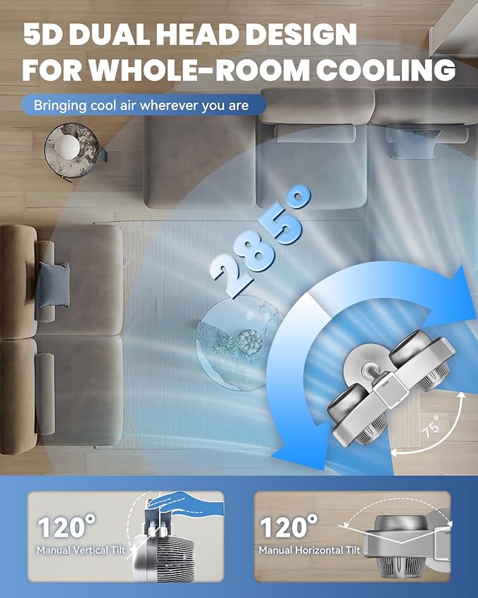 45" Oscillating Fan with Air Purifier & Humidifier | 5D 285° Air Circulator Misting Fan | 12-Speed Quiet DC Motor | Remote ＆ Panel Touch Control | 12H Timer | Adjustable Height, Floor/Tabletop Use