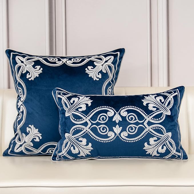 Aeckself European Floral Pillow Cover 12x20 Inch, Luxury Velvet Embroidered Decorative Lumbar Throw Pillow Cover for Couch Bedroom Living Room, Navy Blue and White